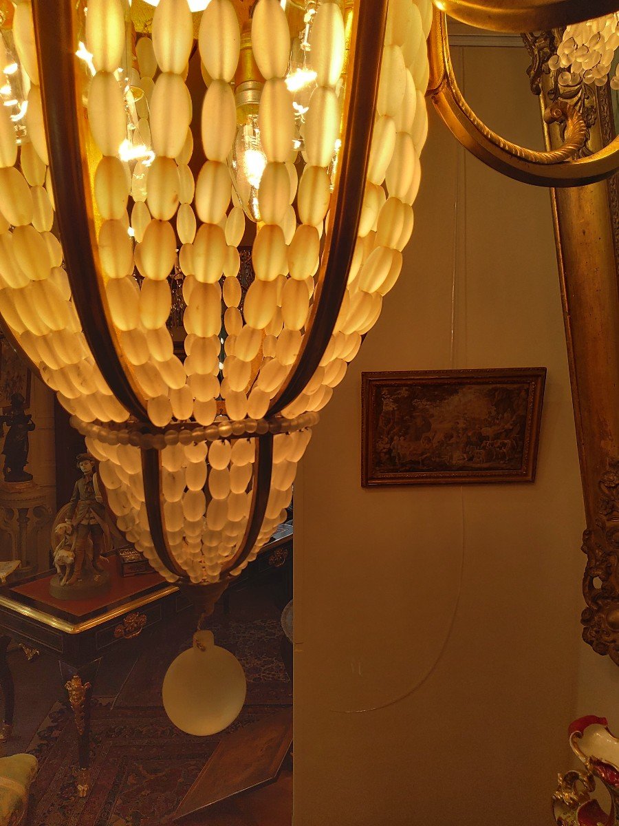 Chandelier In Gilt Bronze And Opaque Glassware Attr In Sue Et Mare-photo-3